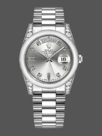 Replica Rolex Day-Date 118296 unisex watch, platinum, silver dial and diamonds, 36 mm