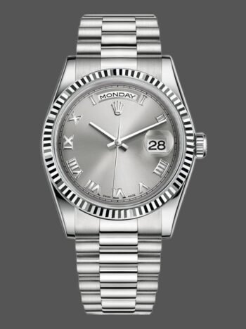 Rolex Day-Date 118239 replica watch, rhodium-plated Roman dial, white gold, 36 mm, unisex