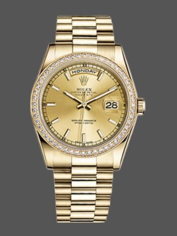 Replica Rolex Day Date 118348 unisex watch, dial with champagne indexes, 36 mm yellow gold