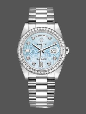 Rolex Day Date 118346 watch replica, blue diamond dial, platinum, 36 mm, unisex