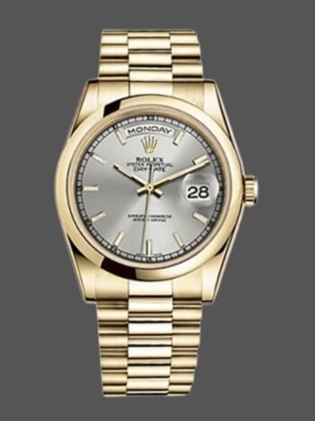Replica Rolex Day-Date 118208 unisex watch, silver dial, domed bezel, 36 mm