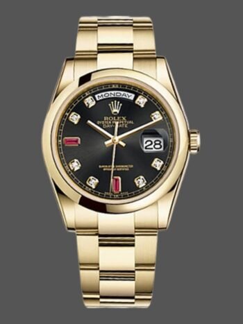 Replica Rolex Day-Date 118208 unisex watch, black diamond dial, 36mm yellow gold case