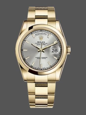 Replica Rolex Day-Date 118208 unisex watch, silver dial, yellow gold, 36 mm