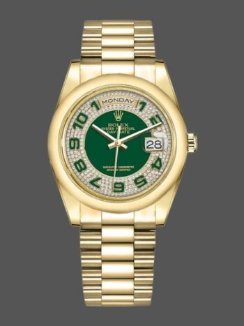 Replica Rolex Day-Date 118208 Unisex Watch, Yellow Gold, Green Diamonds, Arabic Dial, 36mm