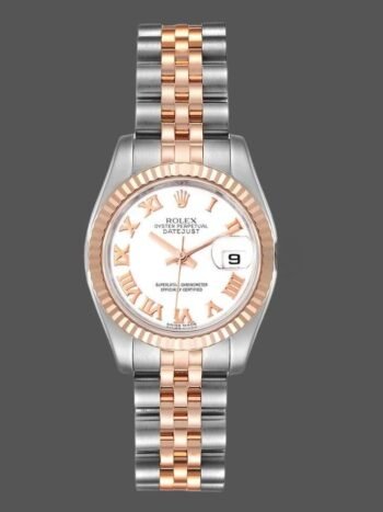 Replica Rolex Datejust 179171 for women, white dial with Roman numerals and fluted bezel, 26 mm