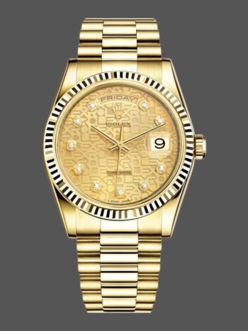 Rolex Day-Date Replica 118238, Yellow Gold, Champagne, Diamond Dial, 36mm, Unisex