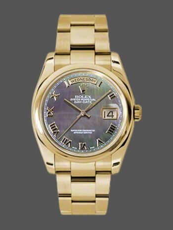 Replica of the unisex Rolex Day-Date 118238 watch with dark mother-of-pearl and 36 mm diamonds