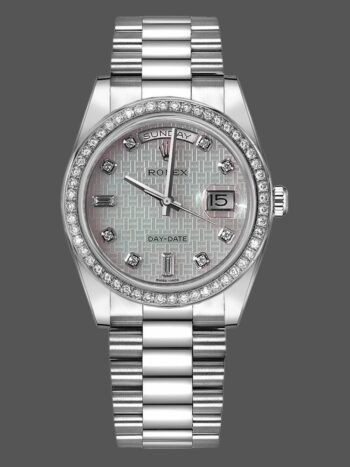 Replica of the unisex Rolex Day Date 118346 watch with Oxford motif and 36 mm diamond dial
