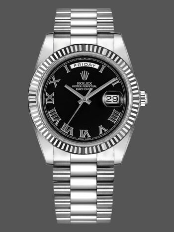 Replica Rolex Day-Date 218239 for men, black dial with Roman numerals, white gold, 41 mm