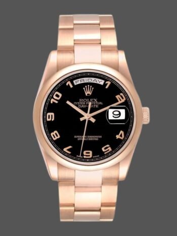 Replica Rolex President Day Date 118205, black dial and rose gold, 36 mm, unisex