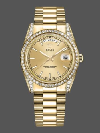 Replica Rolex Day-Date 118388 unisex watch with diamond bezel and 36mm champagne index dial
