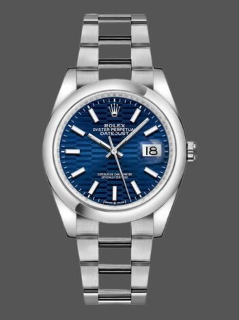 Replica Rolex Datejust 126200 unisex stainless steel watch with wavy dial and 36mm blue motif