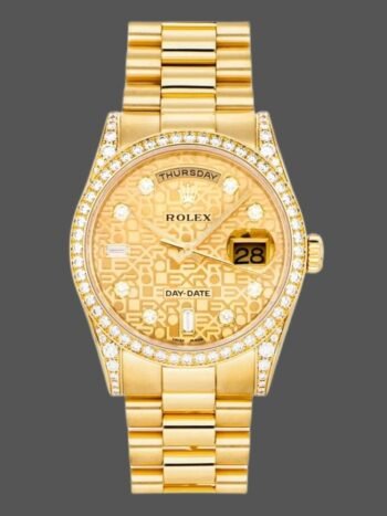 Rolex Day-Date 118388 Champagne Jubilee watch replica, diamond dial, yellow gold, 36 mm, unisex