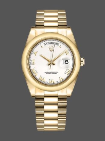 Replica of the unisex Rolex Day-Date 118208 watch with mother-of-pearl dial and 36 mm Roman numerals