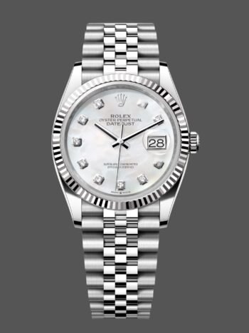 Replica of the unisex Rolex Datejust 126234 watch with white mother-of-pearl dial and 36 mm diamonds