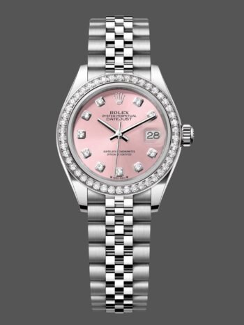 Replica Rolex Datejust watch in steel, white gold, pink dial, m279384rbr 0003, 28 mm, for women