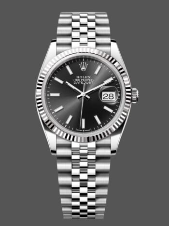 Replica Rolex Datejust 126234 unisex watch with fluted bezel and black dial with 36 mm indices