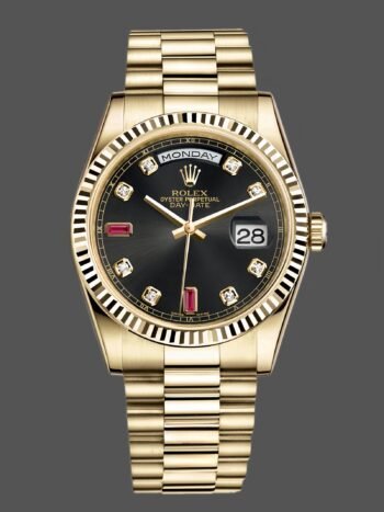 Rolex Day Date 118238 Men's Watch Replica Black Diamond Dial Fluted Bezel 36mm