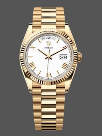 Replica of the Rolex Day-Date 128238 with fluted bezel and 36 mm white Roman dial