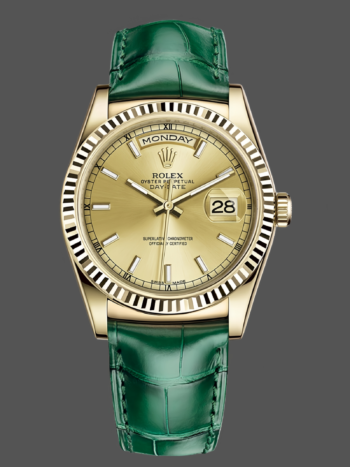 Rolex Day Date 36 Yellow Gold Champagne Dial 118138 0125 Green Strap