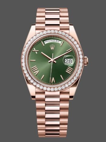 Rolex Day-Date 228345RBR 0011 Men's Watch Replica Olive Green Roman Dial Diamond Bezel 40mm
