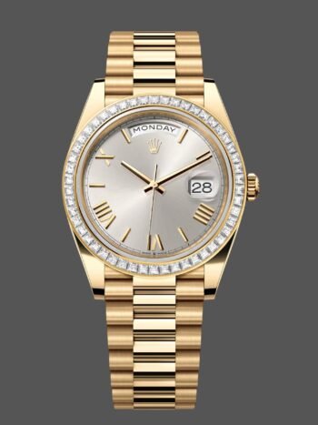 Replica Rolex Day-Date 228398TBR for men, silver dial with Roman numerals and 40 mm diamond bezel