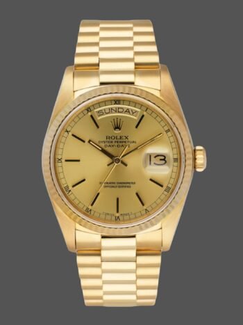 Replica of the unisex 36 mm Rolex Day-Date 118208 watch with champagne dial and gold indexes.