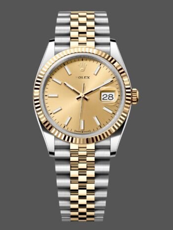 Réplica del reloj Rolex Datejust 36 mm 126233 0015, esfera con índices color champán y bisel estriado, unisex