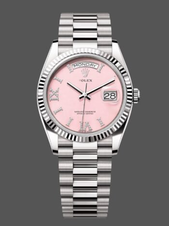 Réplica del reloj Rolex Day-Date 128239 unisex, oro blanco, esfera de ópalo rosa, 36 mm