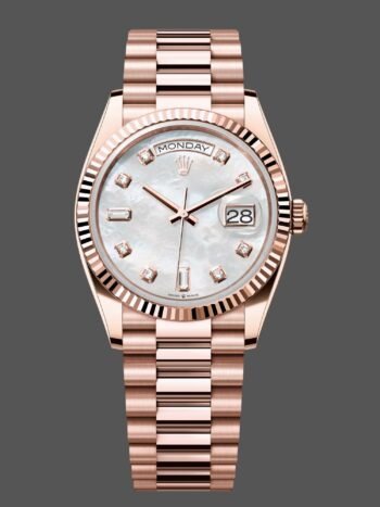 Replica of the unisex Rolex Day-Date 128235 watch with Everose gold dial and 36 mm mother-of-pearl