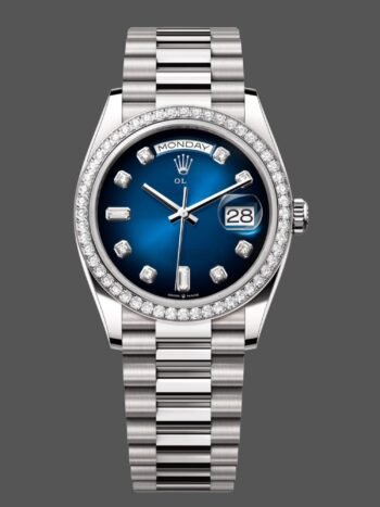 Replica Rolex Day-Date 128349RBR 0010 unisex watch with ombr?? blue dial and 36mm diamond bezel