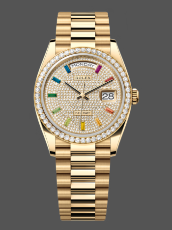 Rolex Day Date 36 mm Yellow gold 128348RBR 0030 Dial with sapphires and pav?? rainbow diamonds