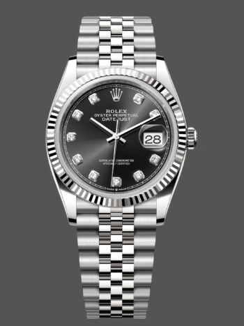 Replica Rolex Datejust 126234 unisex watch with fluted bezel and 36mm black diamond dial
