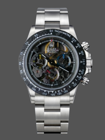 Replica Rolex Daytona 116520 ADG watch with skeleton dial, steel bracelet and steel case.